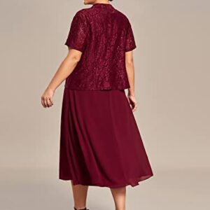 Ever-Pretty Plus Women's Curve Square Neck Lace Cardigan Chiffon Knee Length Plus Size Evening Dress Burgundy US22