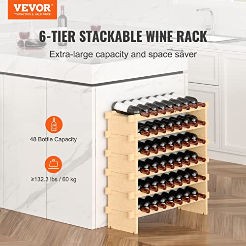 VEVOR 48 Bottle Stackable Modular Wine Rack, 6-Tier Solid Bamboo Wood Storage Racks, Floor Freestanding Wines Holder Display Shelf, Wobble-Free Shelves for Kitchen, Bar, and Cellar (Natural Color)