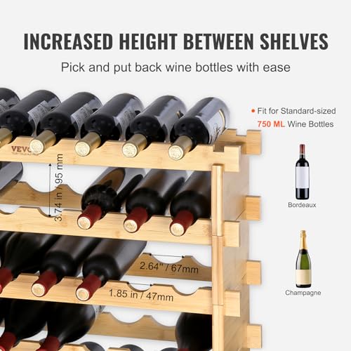 VEVOR 48 Bottle Stackable Modular Wine Rack, 6-Tier Solid Bamboo Wood Storage Racks, Floor Freestanding Wines Holder Display Shelf, Wobble-Free Shelves for Kitchen, Bar, and Cellar (Natural Color)