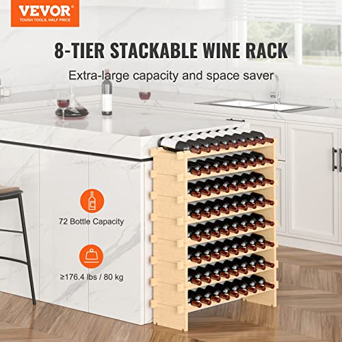 VEVOR 72 Bottle Stackable Modular Wine Rack, 8-Tier Solid Bamboo Wood Storage Racks, Floor Freestanding Wines Holder Display Shelf, Wobble-Free Shelves for Kitchen, Bar, and Cellar (Natural Color)