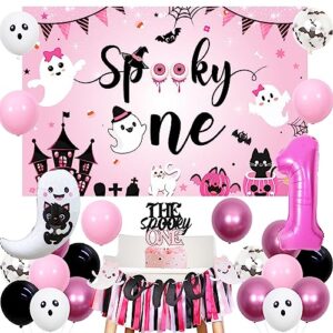 halloween 1st birthday party decorations for girl spooky one backdrop pink black hot pink balloons high chair banner cake topper for first birthday party supplies
