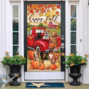 deroro happy fall dogs cat red truck door cover decorations, autumn pumpkin maple leaves puppy kitty front door banner background, thanksgiving farmhouse indoor outdoor home decor 3 x 6 ft