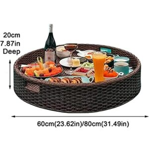 ENPAP Round Rattan Woven Serving Tray Rattan Floating Breakfast Tray with Handles,Swimming Pool Floats,for Pool Serving Drinks,Brunch,Food on The Water (Color : Black, Size : 80cm)