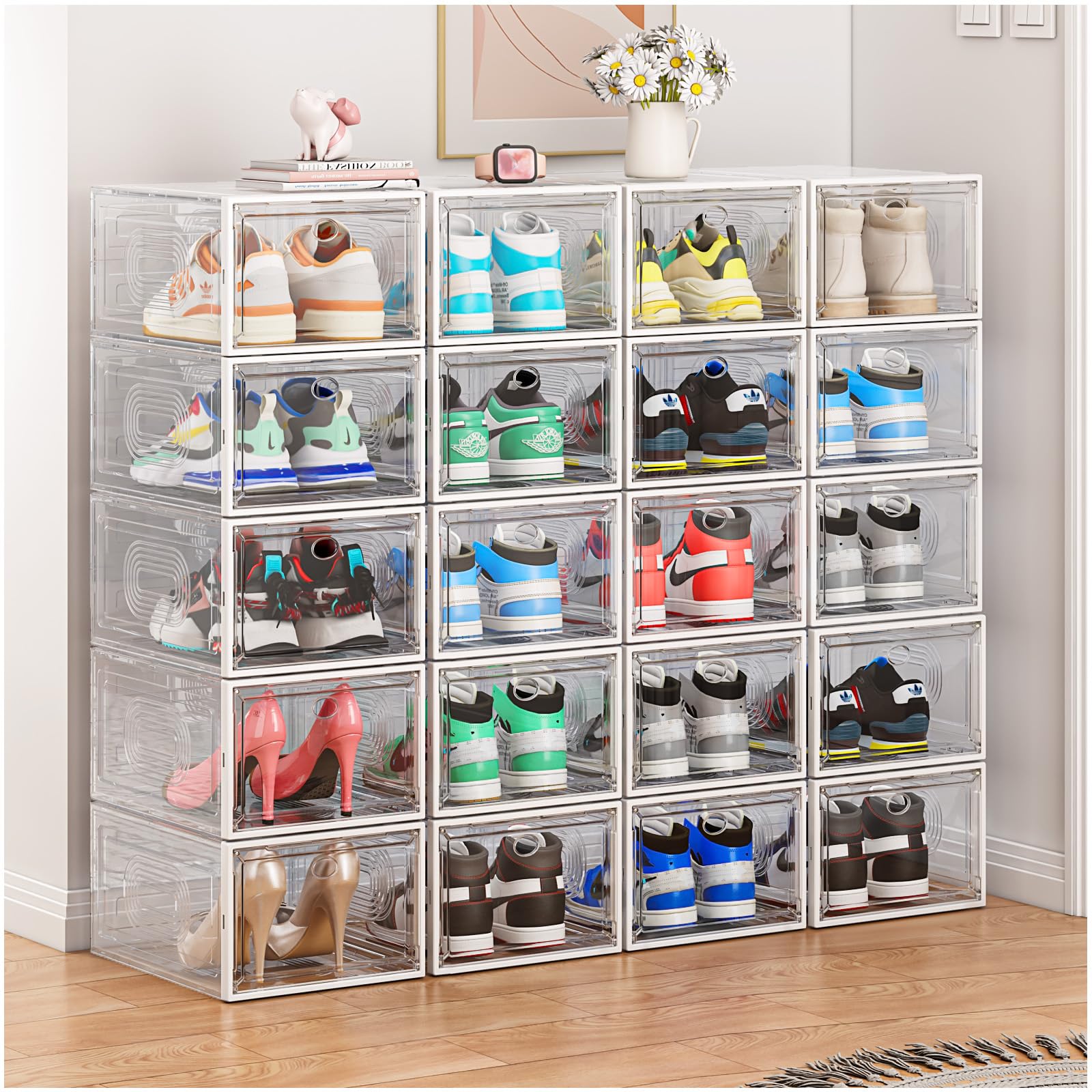 cakraie 10 Pack Thicken Shoe Organizer Stackable,Upgraded Sturdy Shoe Storage Box with Magnetic Door,Shoe Containers For Sneaker Display,Hat Organizer,White