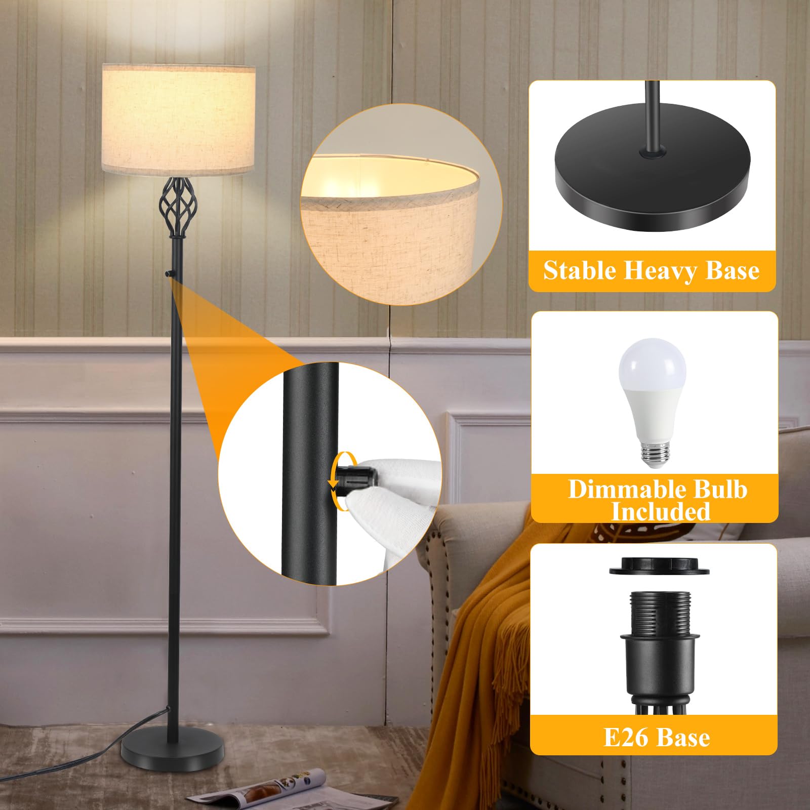 Floor Lamps for Living Room, Standing Lamp, Modern Floor lamp with Linen Shade, Rotary Switch, LED Bulb Included(10W 1000LM), Stepless Dimmable Floor Lamp for Bedroom, Reading Tall Lamp for Office