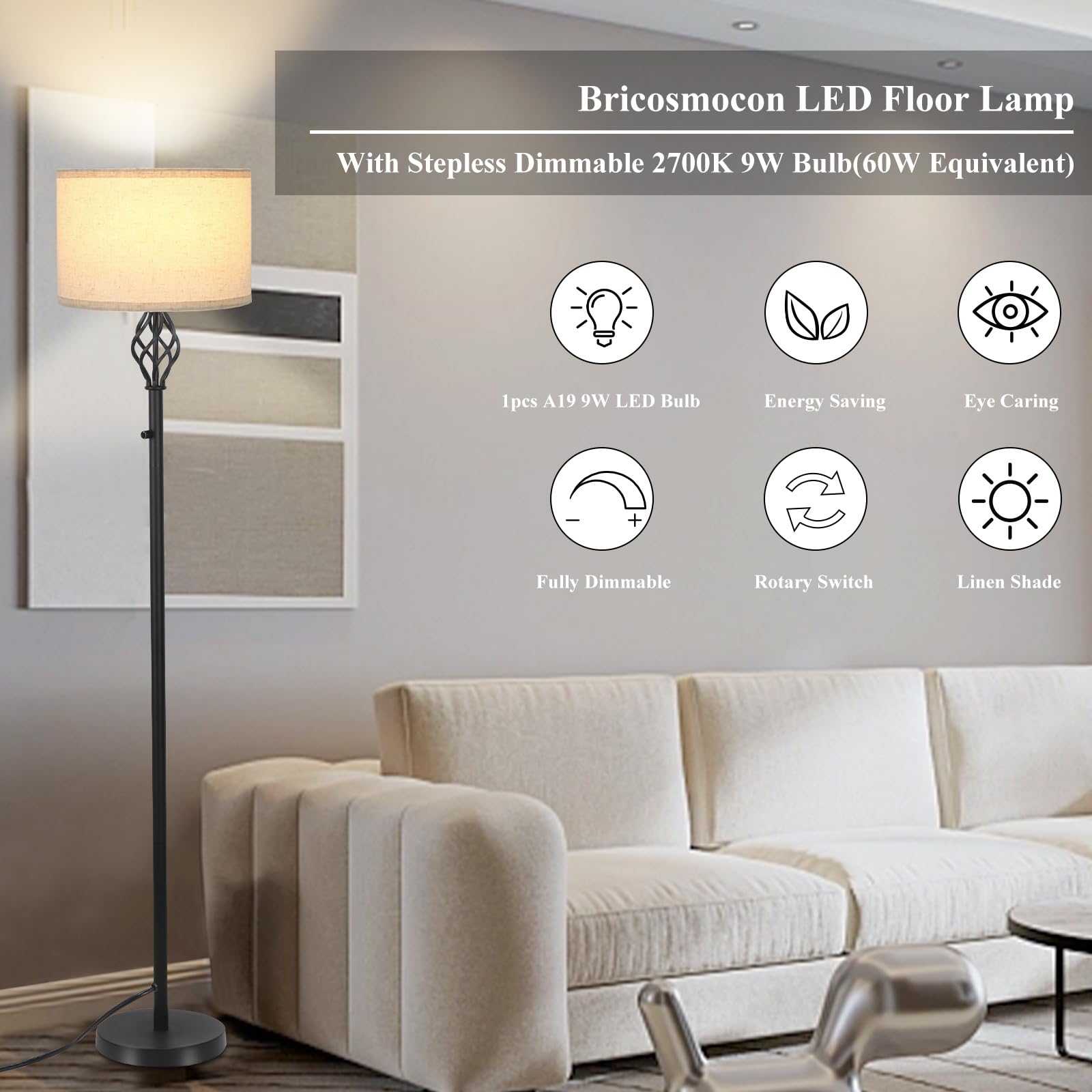 Floor Lamps for Living Room, Standing Lamp, Modern Floor lamp with Linen Shade, Rotary Switch, LED Bulb Included(10W 1000LM), Stepless Dimmable Floor Lamp for Bedroom, Reading Tall Lamp for Office