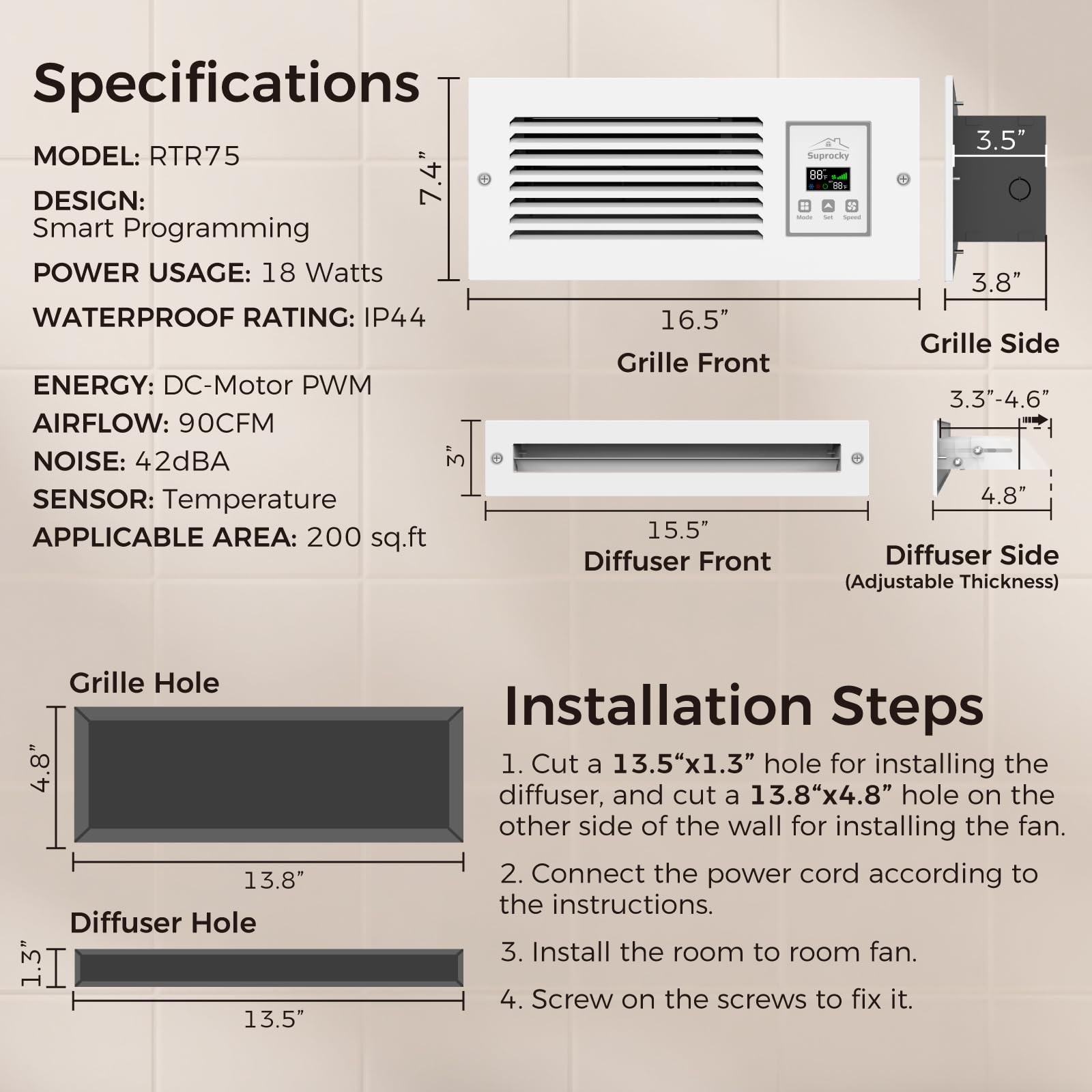 SUPROCKY Room to Room Air Transfer Fan, Through Wall Fan with Intelligent Programmed Air Exchange System, Hardwired, 5-Speed, In Wall Vent Fan with Temperature Sensor, 90CFM, RTR75