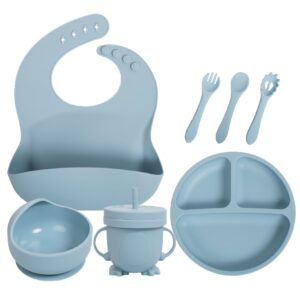 suction plates for baby set, 7 pack cuaibb toddler silicone divided plate and bowl set, with water cup spoon fork pasta spoon, baby led weaning supplies - suction cup plates for babies (light blue)