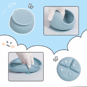 Suction Plates for Baby Set, 7 Pack CUAIBB Toddler Silicone Divided Plate and Bowl Set, with Water Cup Spoon Fork Pasta Spoon, Baby Led Weaning Supplies - Suction Cup Plates for Babies (Light Blue)
