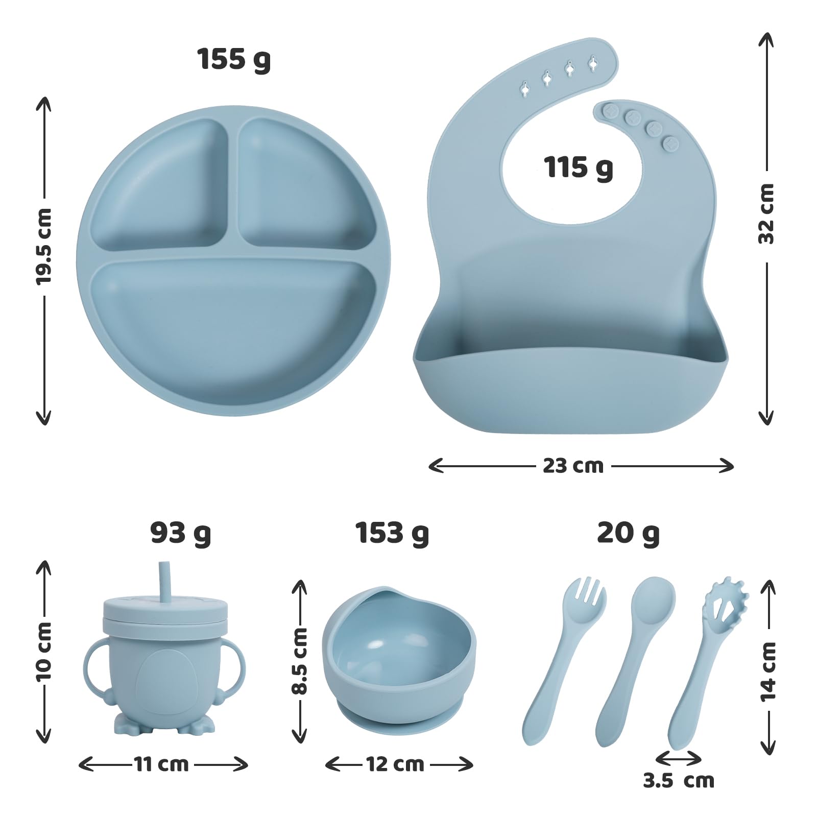 Suction Plates for Baby Set, 7 Pack CUAIBB Toddler Silicone Divided Plate and Bowl Set, with Water Cup Spoon Fork Pasta Spoon, Baby Led Weaning Supplies - Suction Cup Plates for Babies (Light Blue)