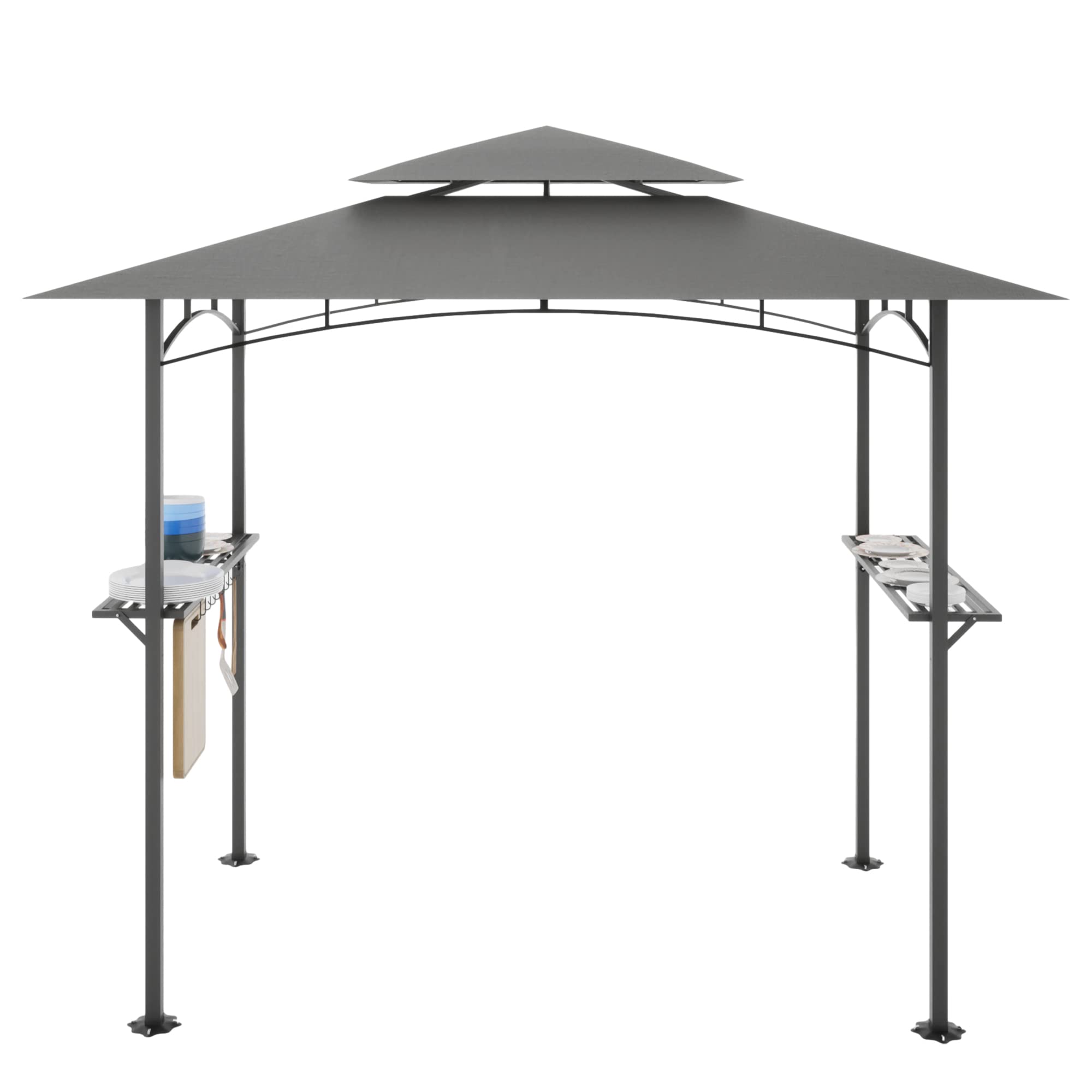 Mbolyeer 8 x 5 Ft Grill Gazebo: BBQ Canopy Double Tiered Soft Top Outdoor Waterproof Barbecue Grill Tent with Shelves and 10 Hooks for Patio, Backyard (Gray)