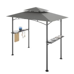 Mbolyeer 8 x 5 Ft Grill Gazebo: BBQ Canopy Double Tiered Soft Top Outdoor Waterproof Barbecue Grill Tent with Shelves and 10 Hooks for Patio, Backyard (Gray)