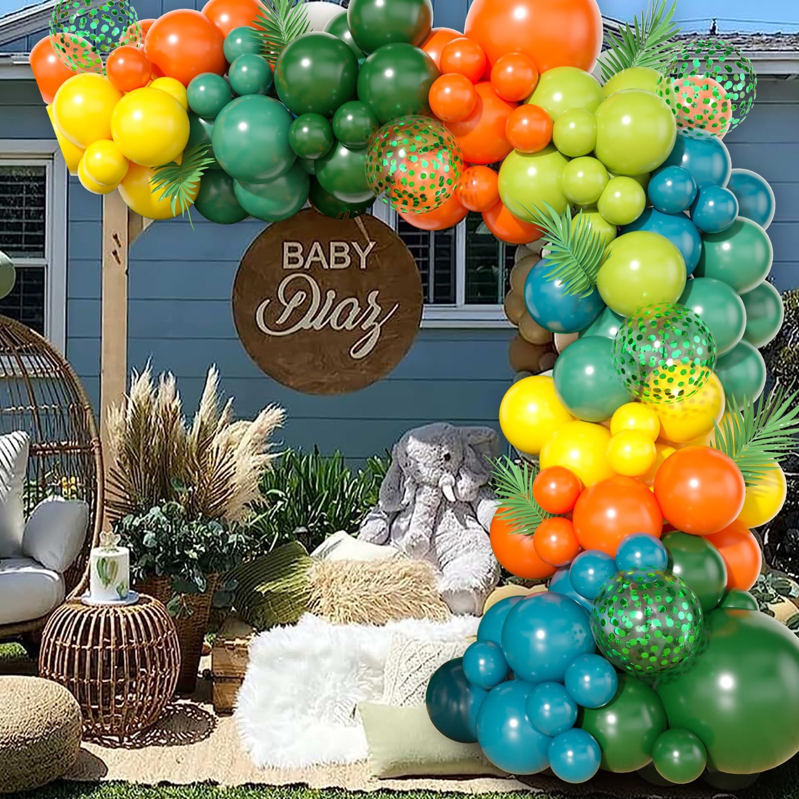 GRESATEK Jungle Themed Balloon Garland Arch Kit, Sage Green Orange Yellow Olive Balloons Decorations for Boys Girls Birthday Baby Shower Safari Dinosaur Party Decor Supplies (BLSTR100)