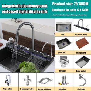 Kitchen Sink Digital Display Embossed Large Single Groove 304 Stainless Steel Nano Raindance Waterfall Sink with Pressurized Cup Washer and Two Waterfalls