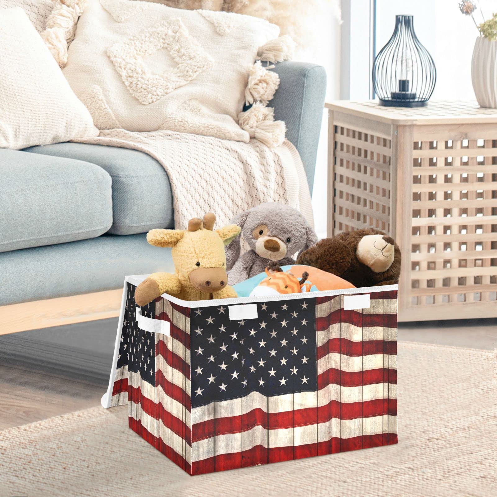 Gredecor Large Storage Basket Bins with Lid American Flag Wooden Pattern Storage Boxes Organizer with Handle 16.5"x12.6"x11.8" Collapsible Storage Cube for Toys Bedroom Nursery Home