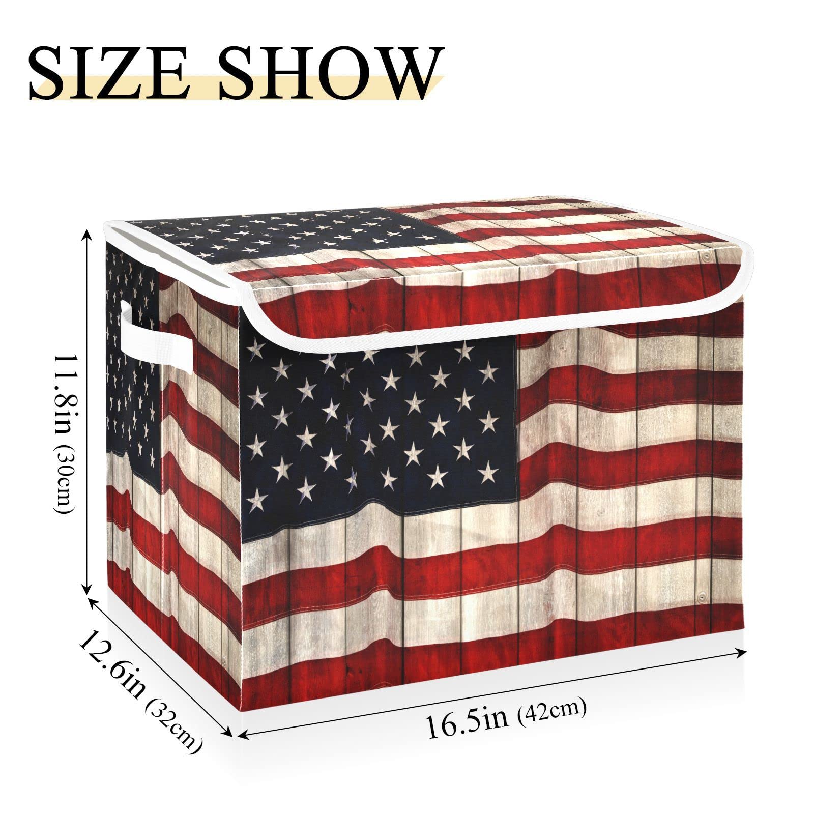 Gredecor Large Storage Basket Bins with Lid American Flag Wooden Pattern Storage Boxes Organizer with Handle 16.5"x12.6"x11.8" Collapsible Storage Cube for Toys Bedroom Nursery Home