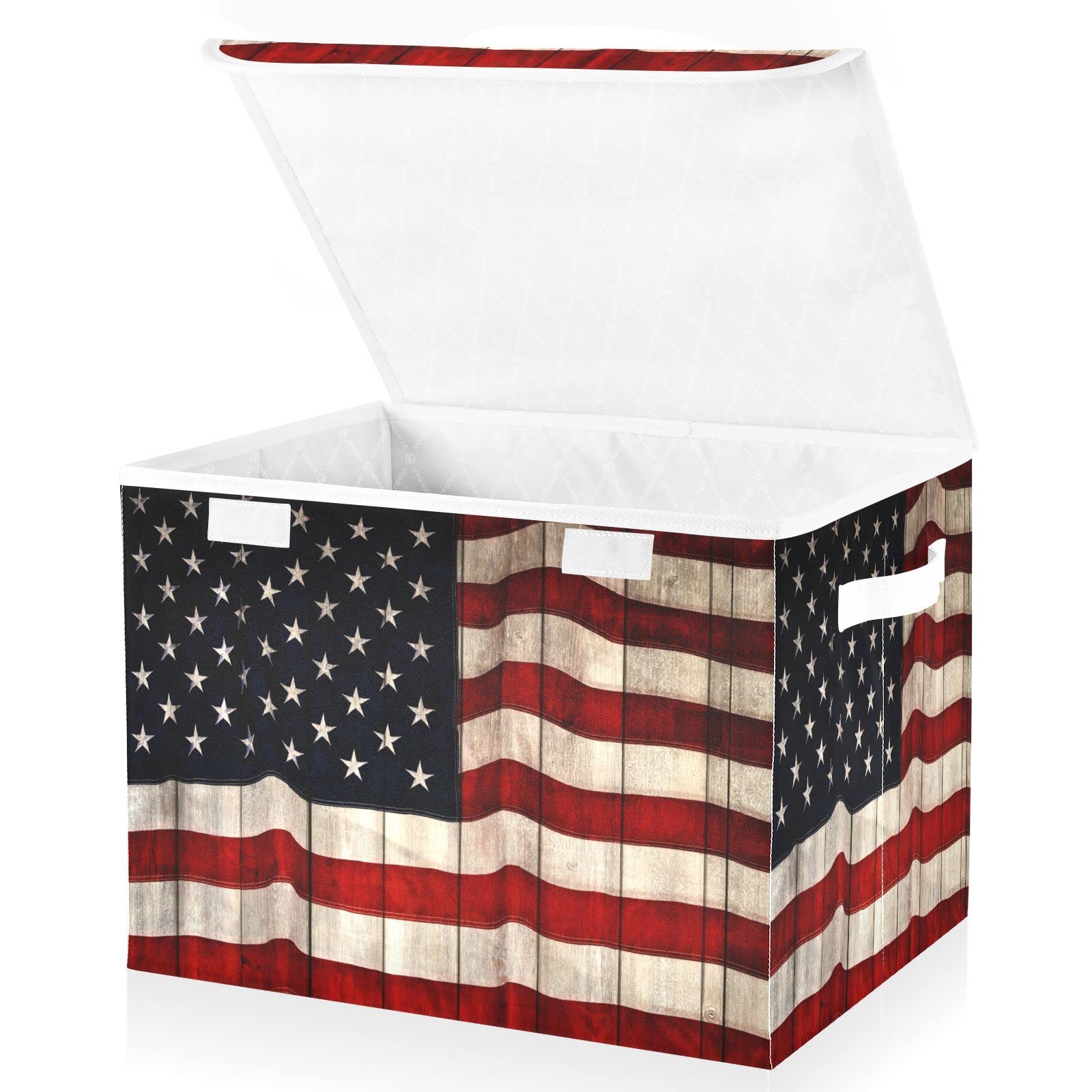 Gredecor Large Storage Basket Bins with Lid American Flag Wooden Pattern Storage Boxes Organizer with Handle 16.5"x12.6"x11.8" Collapsible Storage Cube for Toys Bedroom Nursery Home