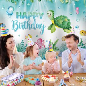 Preboun Ocean Animal Backdrop Ocean Turtle Decorations Ocean Theme Birthday Party Photography Background Banner for Underwater Blue Baby Shower Birthday Party Decorations Supplies, 3.6 x 6 Feet