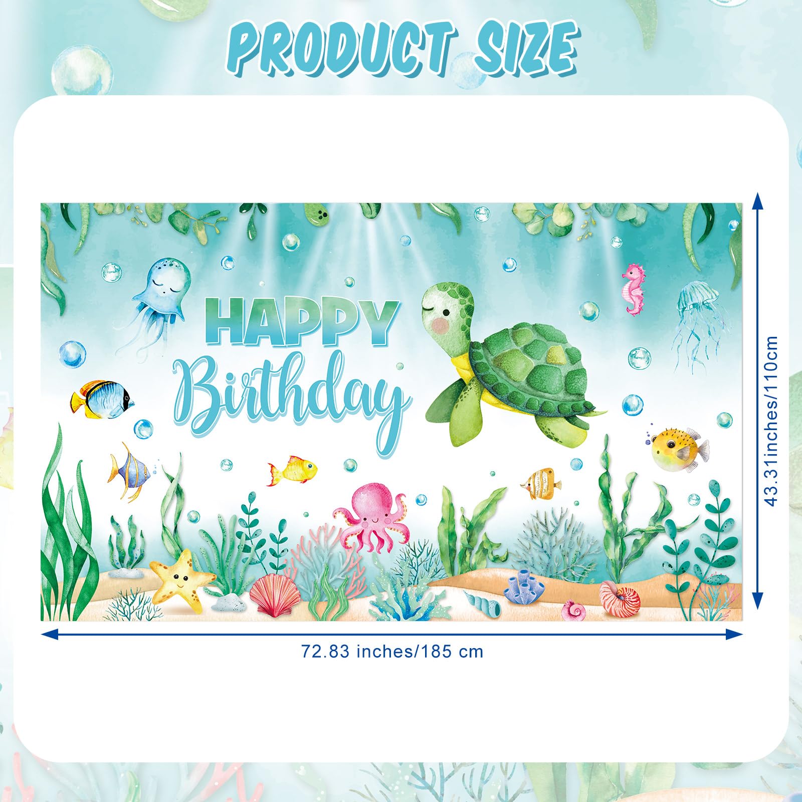 Preboun Ocean Animal Backdrop Ocean Turtle Decorations Ocean Theme Birthday Party Photography Background Banner for Underwater Blue Baby Shower Birthday Party Decorations Supplies, 3.6 x 6 Feet