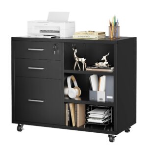 kemon 3 drawer wood file cabinet mobile lateral filing cabinet with lock printer stand with open adjustable storage shelves for home office organization hanging letter/legal/f4/a4(black)