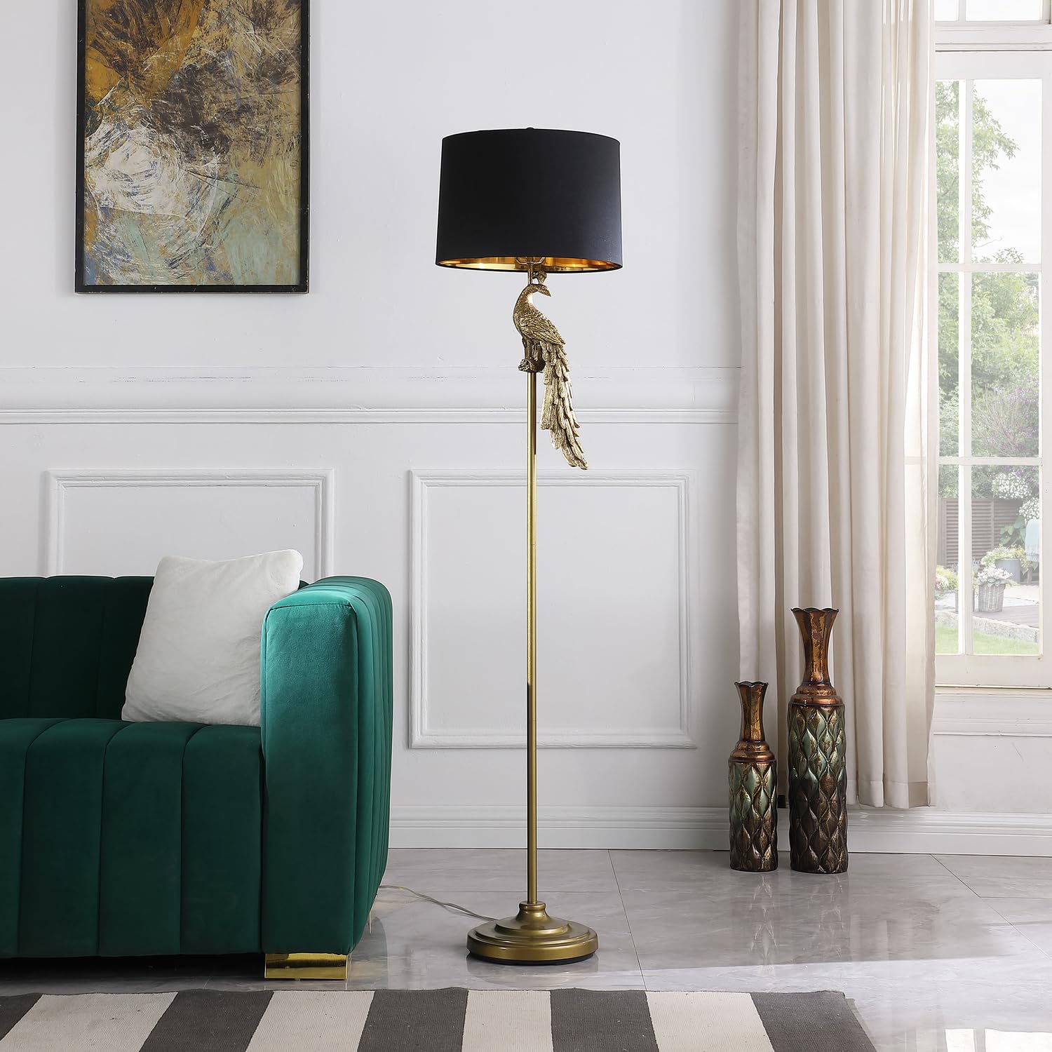 ORE International 64.5" in Modern Elegance Golden Peacock On A Pedestal Polyresin Floor Lamp