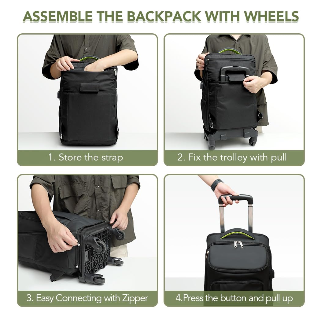 Lekebobor Travel Rolling Backpack Wheeled Business Backpack for Men Women,15.6" Laptop Backpack with USB Charging Port, Waterproof Carry on Backpack Airline Approved Travel Backpack,Black
