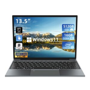 morostron 13.5" touch screen laptop, windows 11 laptop computer with intel n5095, 16gb ram 512gb ssd, 3000x2000 fhd, backlit keyboard, touch id, wifi, usb3.0*2, bluetooth 4.2, hdmi, 38wh battery, gray
