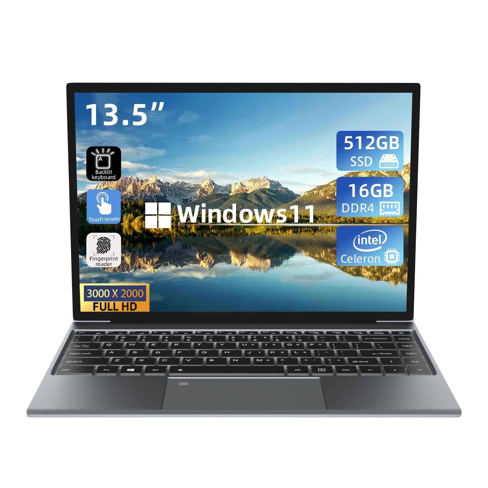 Morostron 13.5" Touch Screen Laptop, Windows 11 Laptop Computer with Intel N5095, 16GB RAM 512GB SSD, 3000x2000 FHD, Backlit Keyboard, Touch ID, WIFI, USB3.0*2, Bluetooth 4.2, HDMI, 38WH Battery, Gray