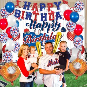 Baseball Birthday Party Decorations, Baseball Balloons Party Supplies, Including Navy Blue Balloons, Baseball theme Background, Tablecloth, Happy Birthday Banner, Cupcake/Cake Toppers