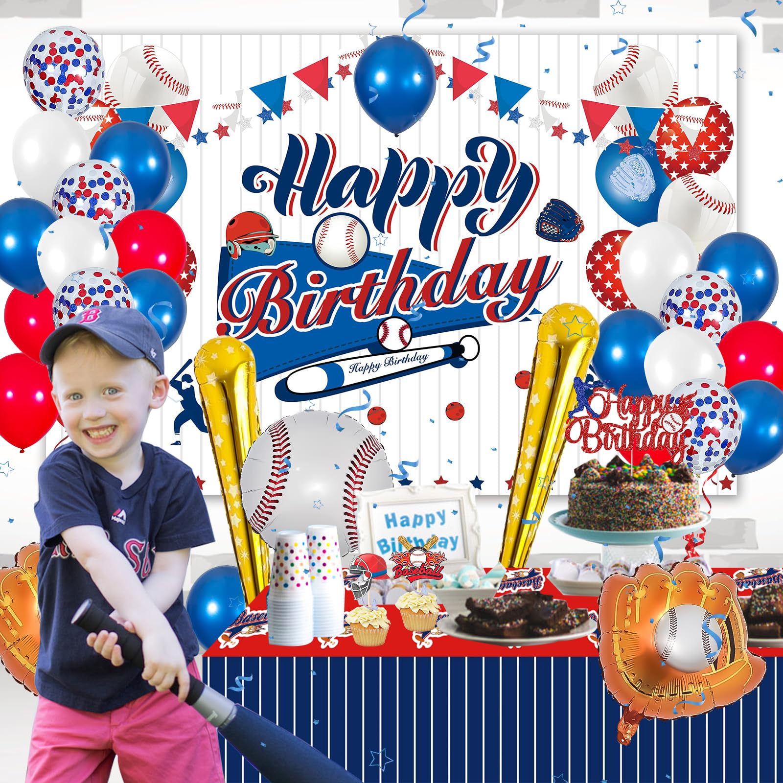 Baseball Birthday Party Decorations, Baseball Balloons Party Supplies, Including Navy Blue Balloons, Baseball theme Background, Tablecloth, Happy Birthday Banner, Cupcake/Cake Toppers