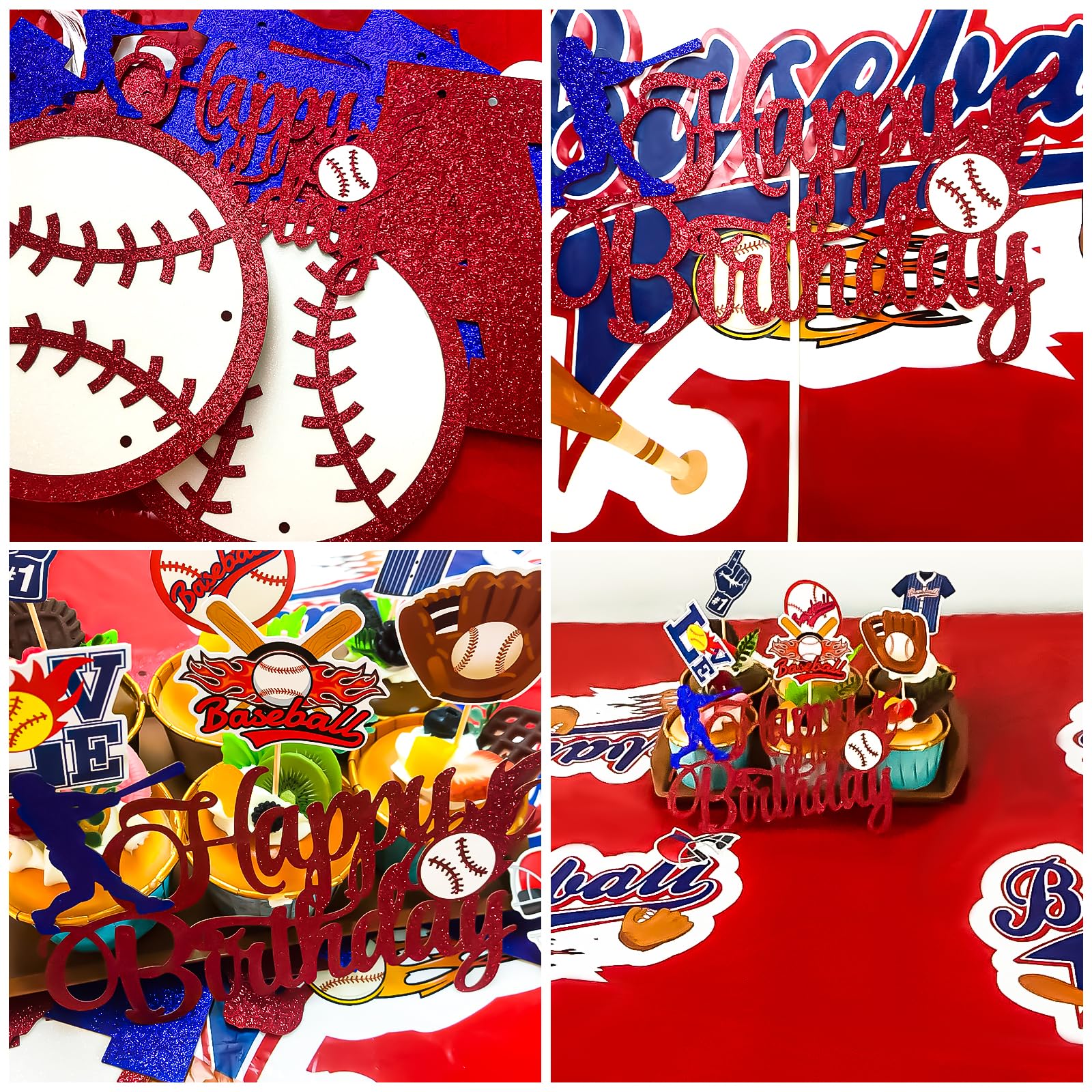 Baseball Birthday Party Decorations, Baseball Balloons Party Supplies, Including Navy Blue Balloons, Baseball theme Background, Tablecloth, Happy Birthday Banner, Cupcake/Cake Toppers
