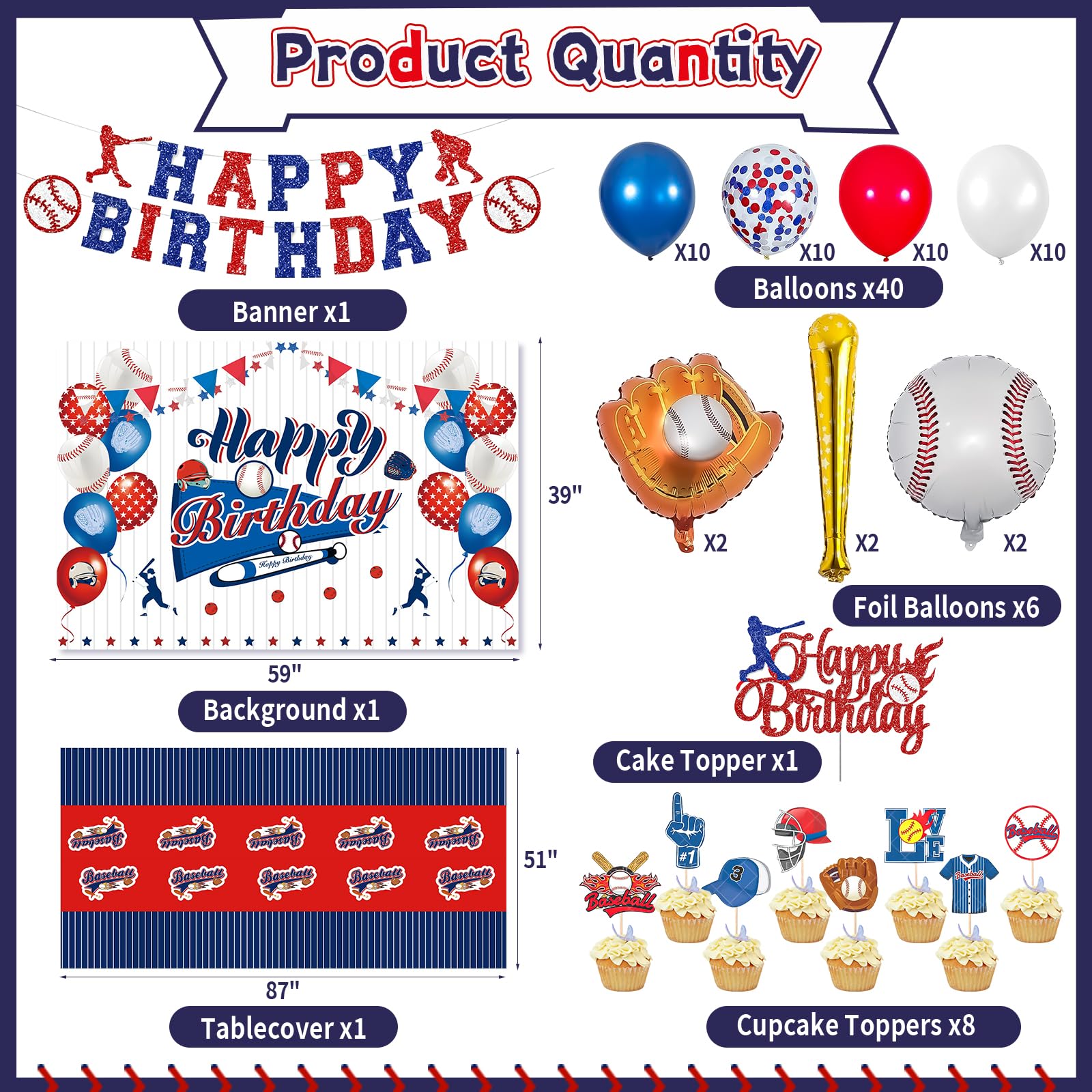 Baseball Birthday Party Decorations, Baseball Balloons Party Supplies, Including Navy Blue Balloons, Baseball theme Background, Tablecloth, Happy Birthday Banner, Cupcake/Cake Toppers