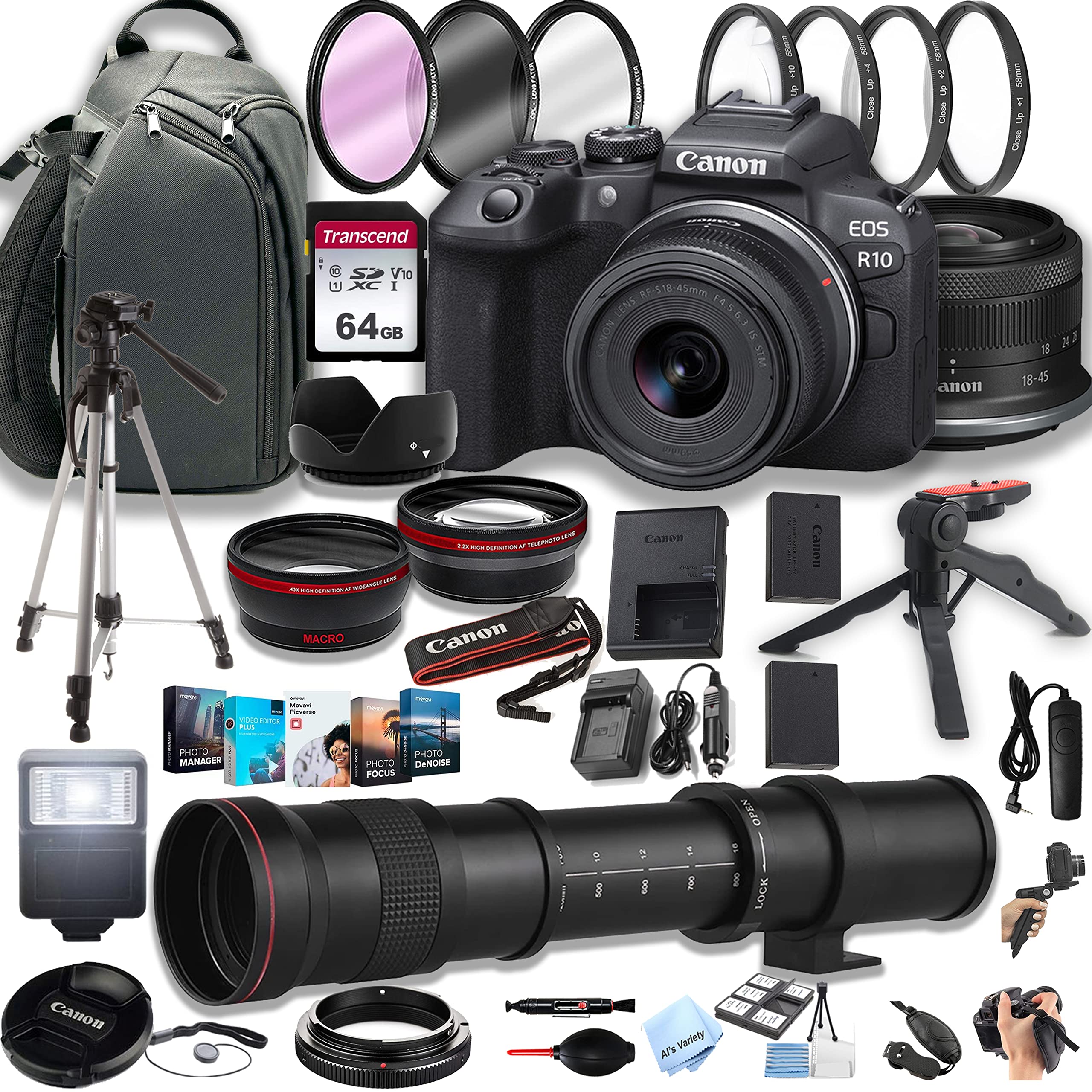 Canon EOS R10 Mirrorless Digital Camera with RF-S 18-45mm f/4.5-6.3 is STM Lens+ 420-800mm Super Telephoto Lens + 100S Sling Backpack + 64GB Memory Cards, Professional Photo Bundle (42pc Bundle)