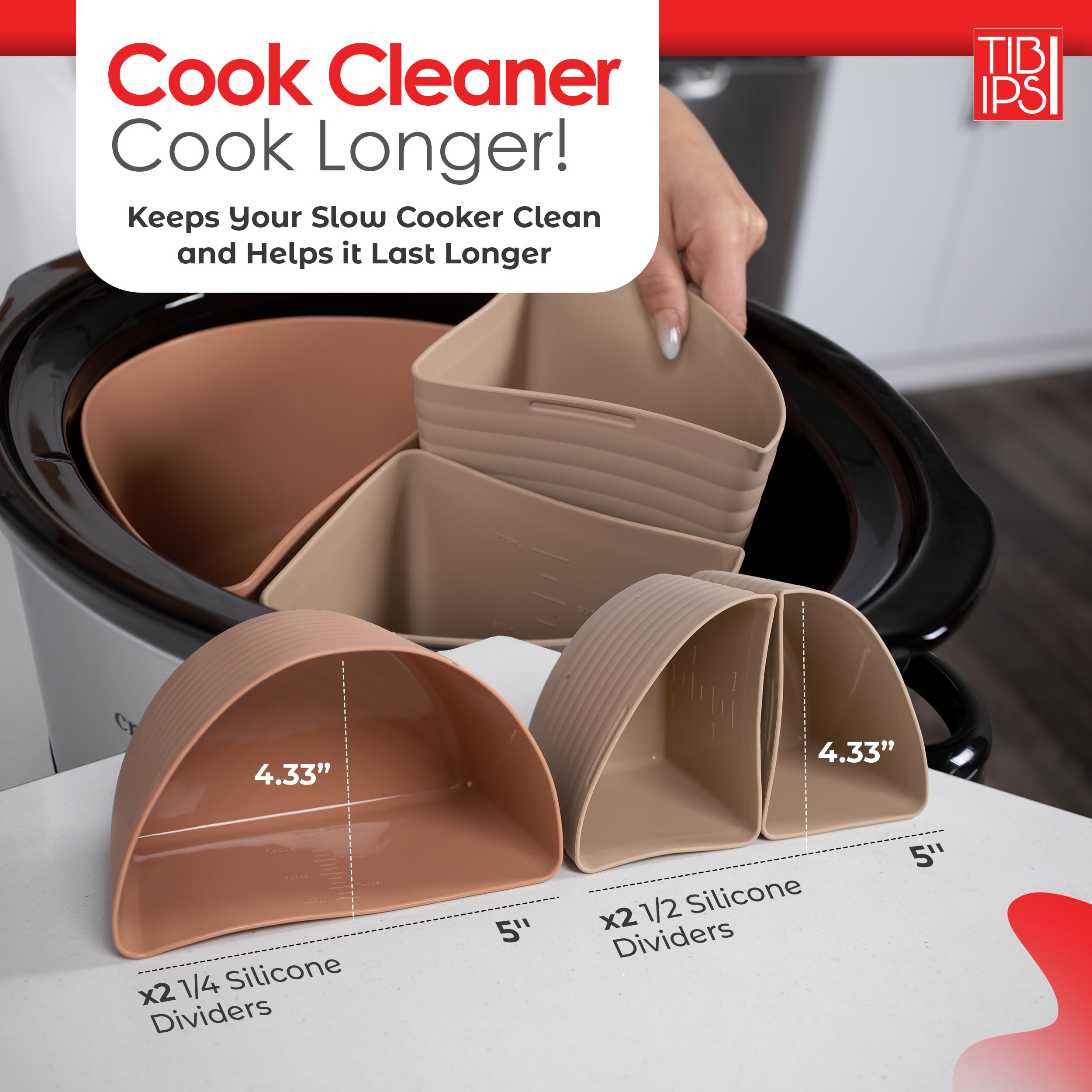 Tibi Ipsi Silicone Crockpot Liner for 6qt Slow Cookers - Reusable & Leak-Proof Slow Cooker Liner, Crockpot Silicone Liner Includes Baking Mat & Silicone Spoon with Wooden Ladle