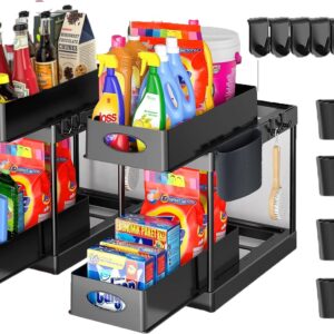 2 PackUnder sink organizer, double pull-out drawer multi-purpose under sink organizers and storage for bathroom kitchen,8 hooks 4cup