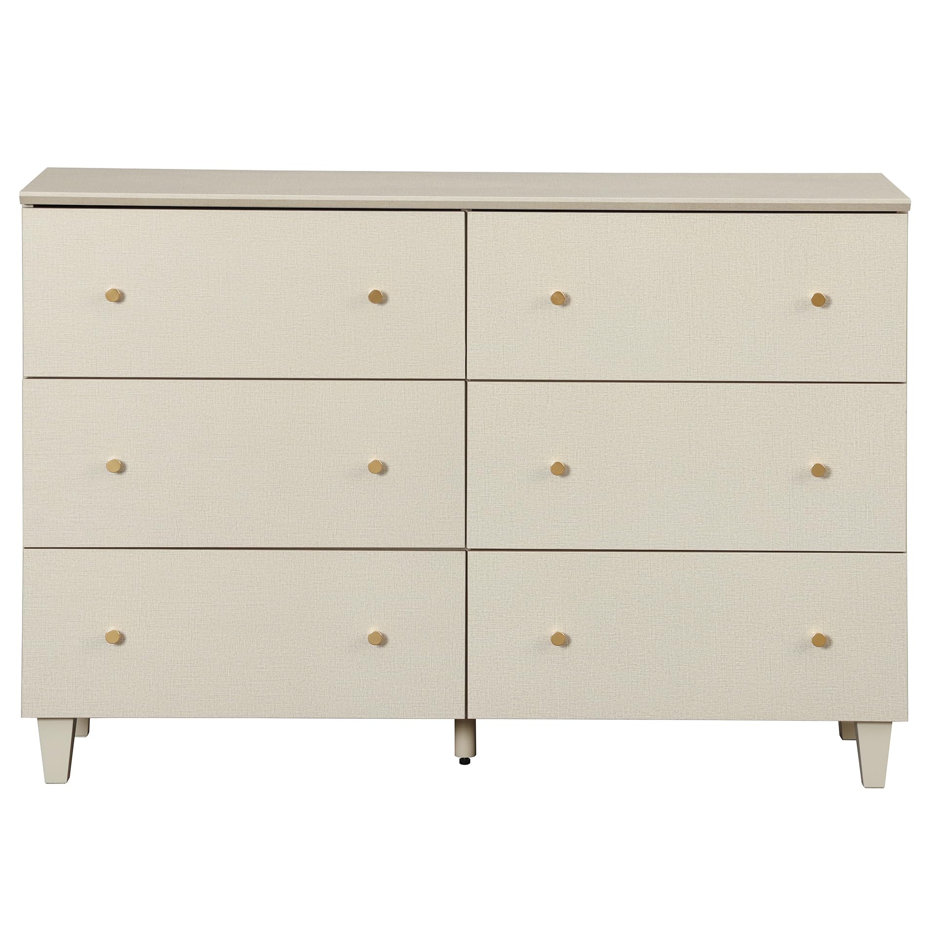WAMPAT 6 Drawers Dresser for Bedroom, 47.2" Wide Double Dressers with Chest of Drawers, Modern Beige Wood Closet Storage Organizer with Gold Knobs & Solid Legs for Kids Baby Room, Nursery