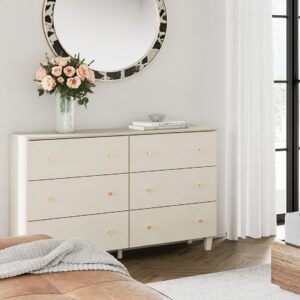 WAMPAT 6 Drawers Dresser for Bedroom, 47.2" Wide Double Dressers with Chest of Drawers, Modern Beige Wood Closet Storage Organizer with Gold Knobs & Solid Legs for Kids Baby Room, Nursery