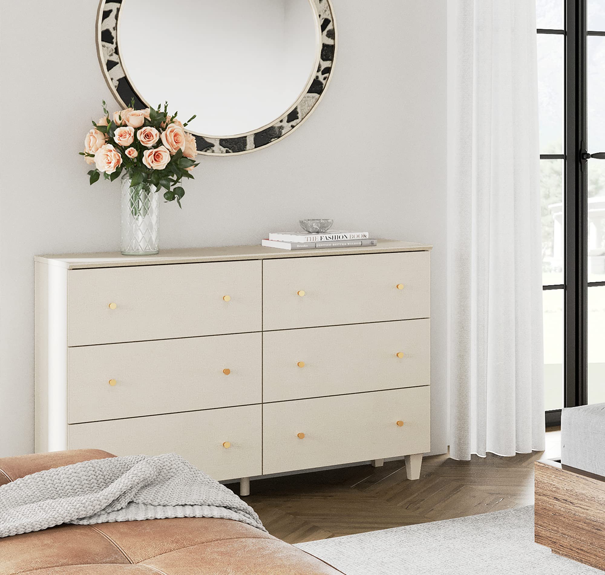 WAMPAT 6 Drawers Dresser for Bedroom, 47.2" Wide Double Dressers with Chest of Drawers, Modern Beige Wood Closet Storage Organizer with Gold Knobs & Solid Legs for Kids Baby Room, Nursery