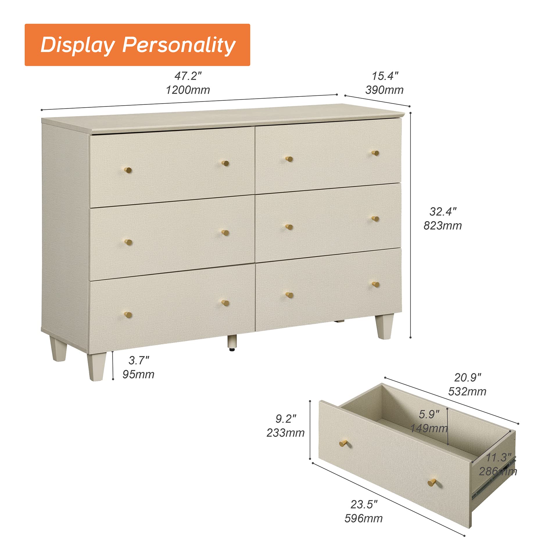 WAMPAT 6 Drawers Dresser for Bedroom, 47.2" Wide Double Dressers with Chest of Drawers, Modern Beige Wood Closet Storage Organizer with Gold Knobs & Solid Legs for Kids Baby Room, Nursery