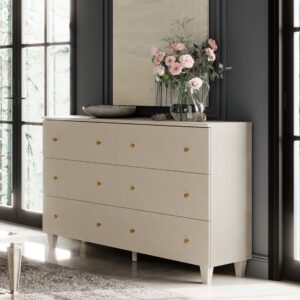 WAMPAT 6 Drawers Dresser for Bedroom, 47.2" Wide Double Dressers with Chest of Drawers, Modern Beige Wood Closet Storage Organizer with Gold Knobs & Solid Legs for Kids Baby Room, Nursery