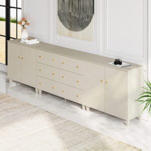 wampat extra wide dresser chest with 6 drawers and 4 doors for bedroom, 3-in-1 modern beige wood closet storage organizer with 6 compartments for kids room, nursery, 118x15.3x32.4