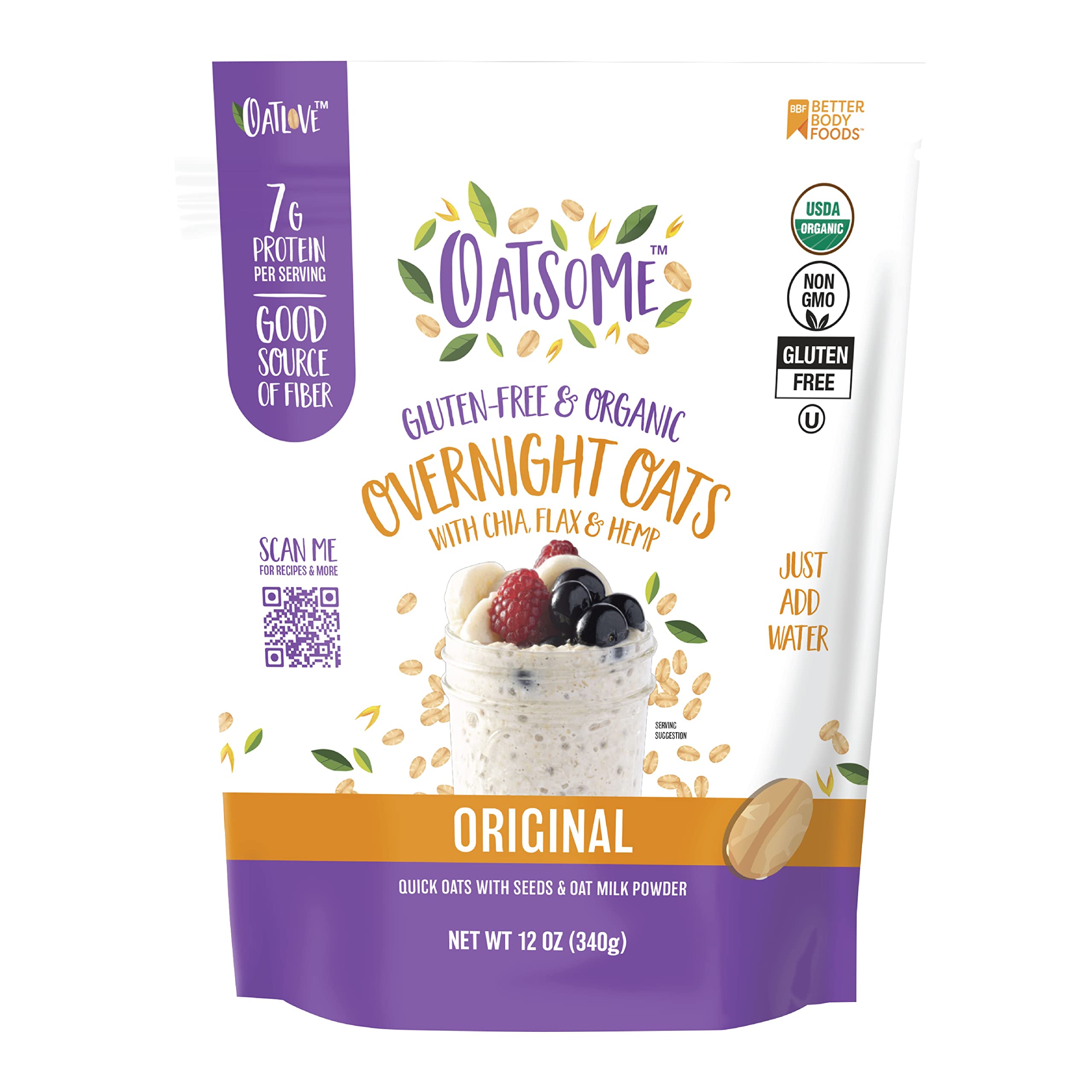 Organic Overnight Oats with Chia, Flax, & Hemp, Gluten-Free Oatmeal with 7g of Protein, 12oz Bag