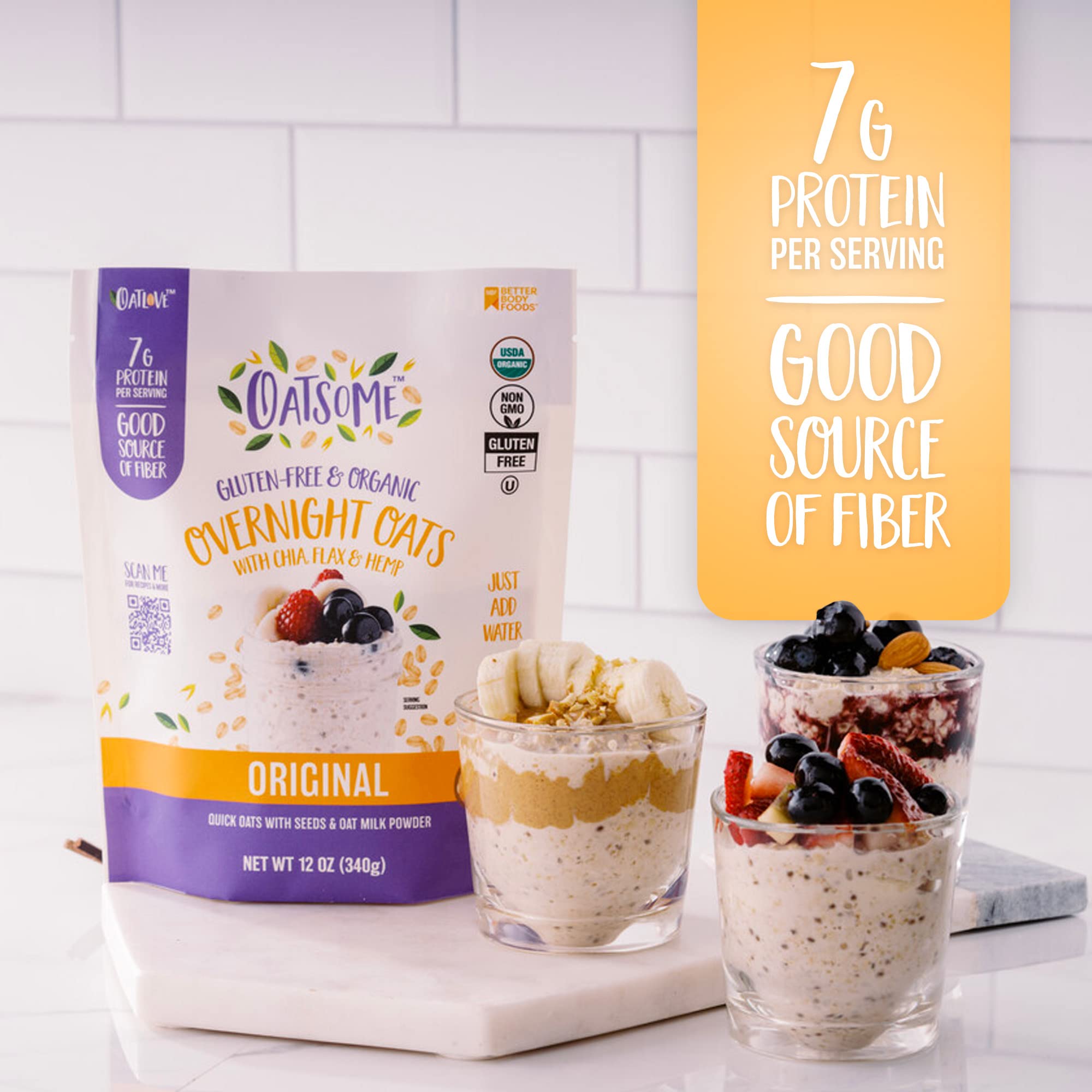 Organic Overnight Oats with Chia, Flax, & Hemp, Gluten-Free Oatmeal with 7g of Protein, 12oz Bag