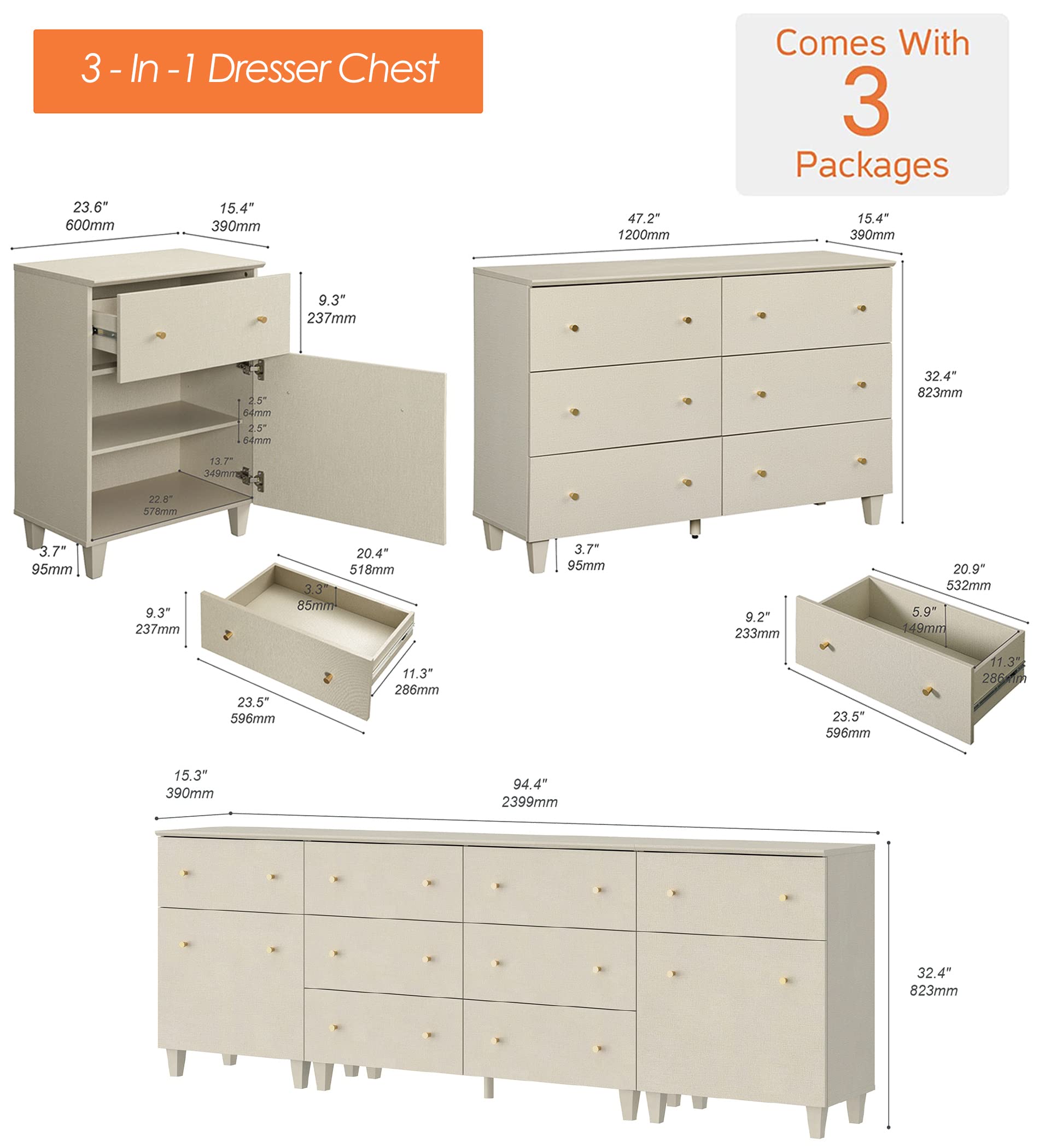 WAMPAT 8 Drawers Dresser Chests for Bedroom, 3-in-1 Modern Beige Wood Closet Storage Organizer Furniture with Door and Adjustable Shelves for Kids Room, Nursery, 94.4x15.3x32.4