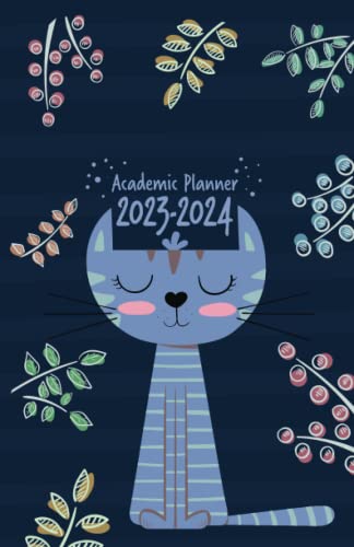 Academic Planner 2023-2024 Small | Cute Blue Cat Teacher: July - June | Weekly & Monthly | US Federal Holidays and Moon Phases