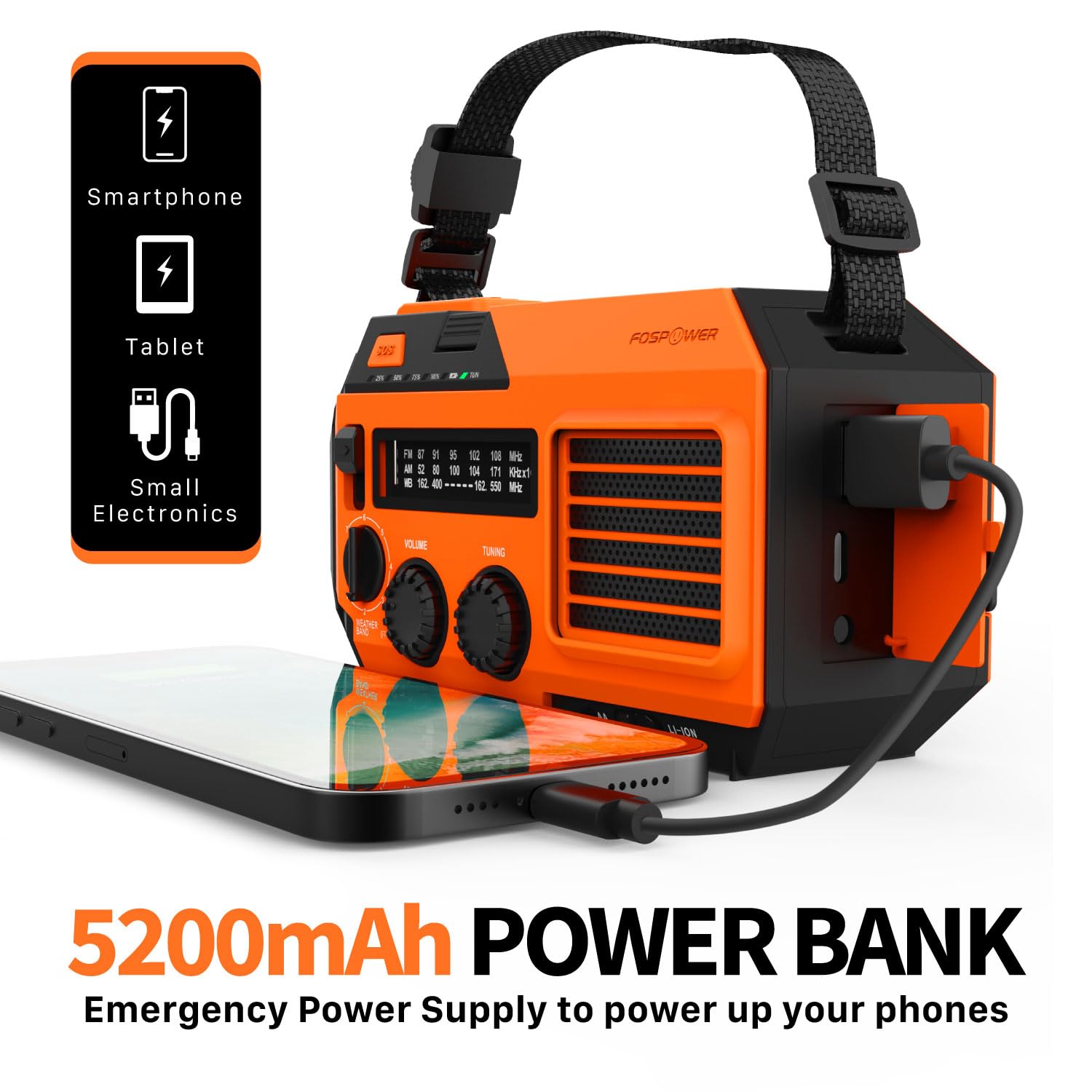 FosPower Emergency Weather Radio (Model A6) NOAA/AM/FM with 18500mWh Portable Power Bank, USB/Solar/Hand Crank Charging, Battery Operated, SOS Alarm & Flashlight for Indoor/Outdoor Emergency