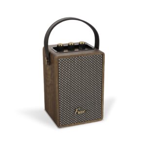 fuse andle vintage retro bluetooth speaker with vegan leather handle | portable speaker with smartphone connection | usb & aux input | stylish brown wood exterior