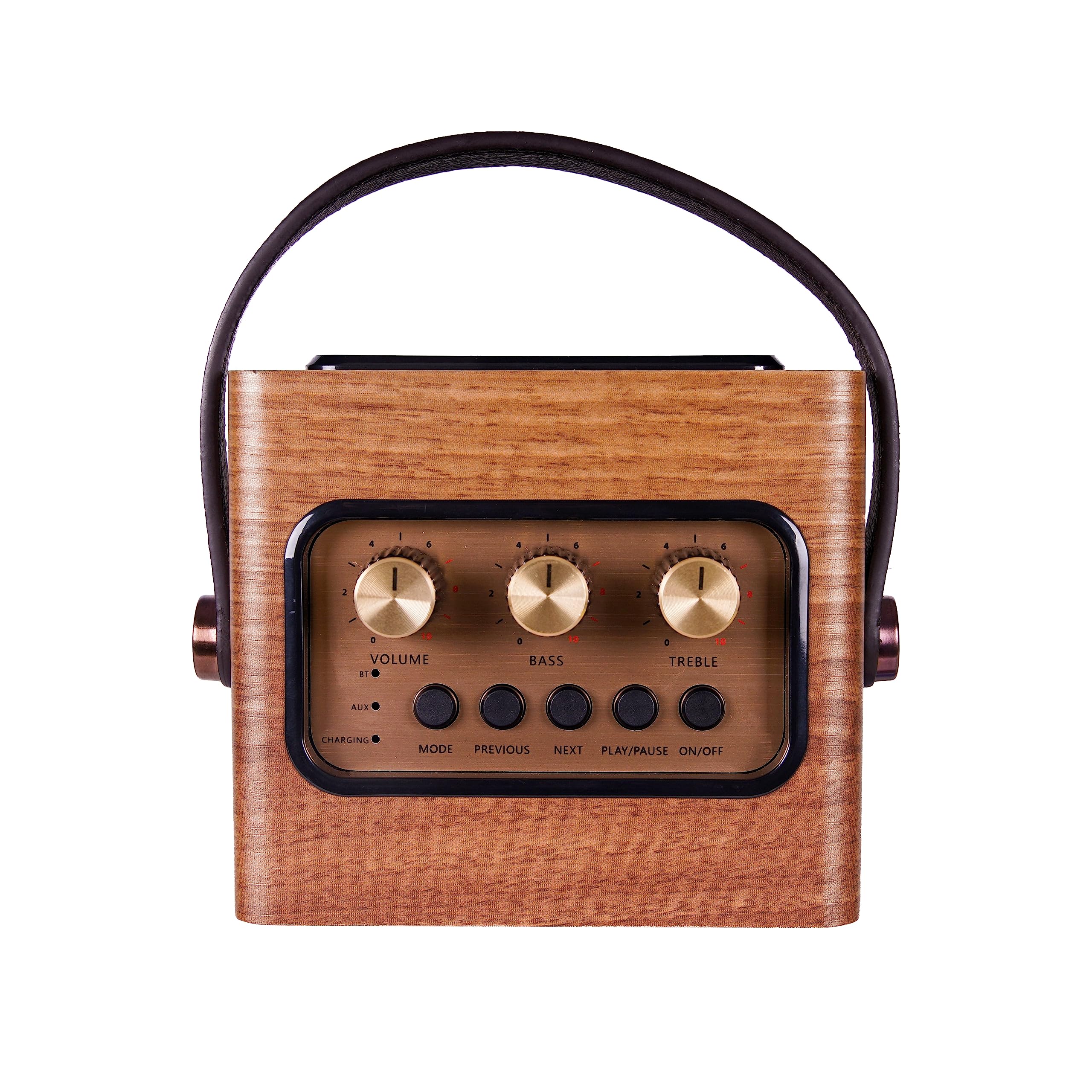 Fuse Andle Vintage Retro Bluetooth Speaker with Vegan Leather Handle | Portable Speaker with Smartphone Connection | USB & AUX Input | Stylish Brown Wood Exterior