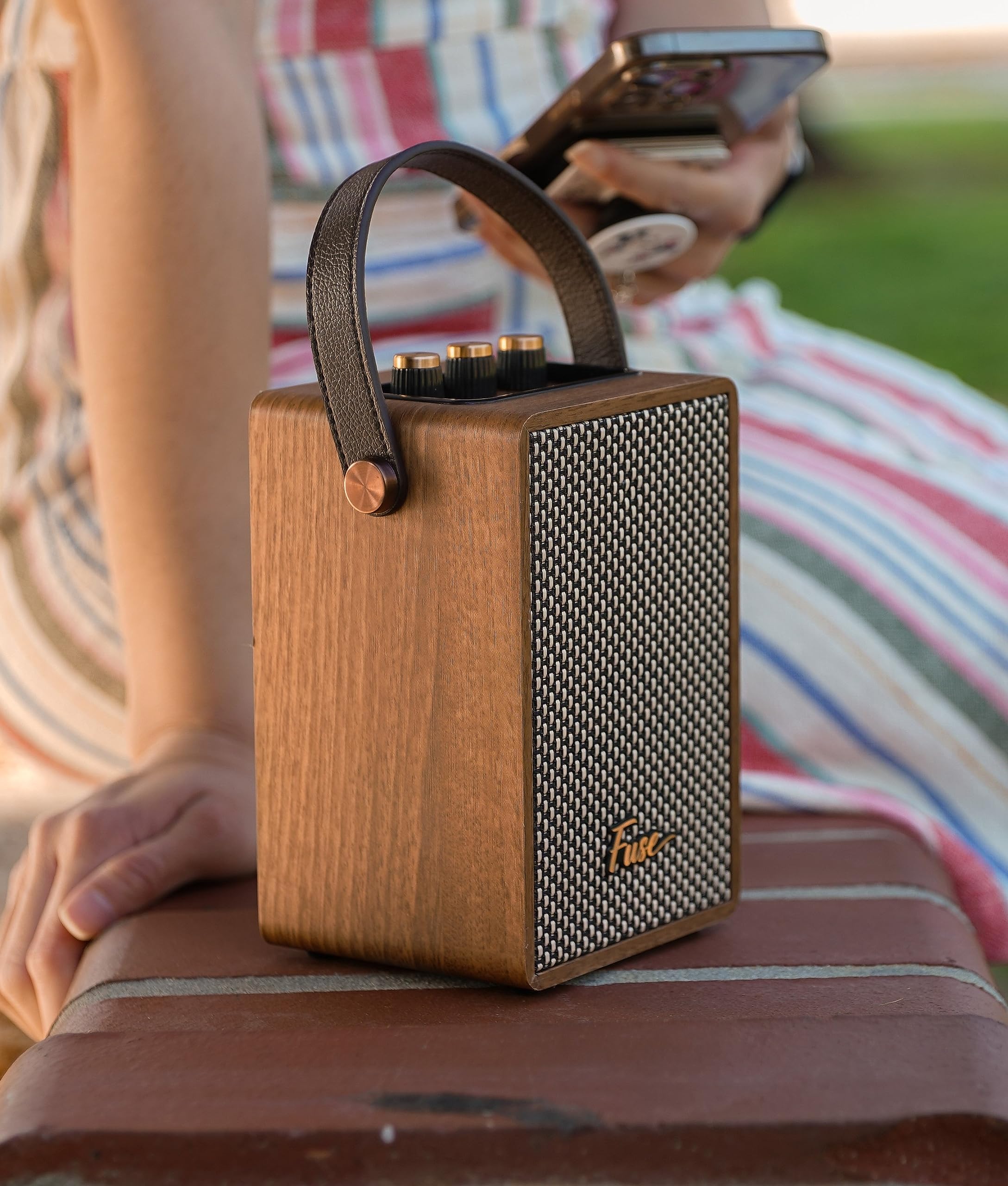 Fuse Andle Vintage Retro Bluetooth Speaker with Vegan Leather Handle | Portable Speaker with Smartphone Connection | USB & AUX Input | Stylish Brown Wood Exterior