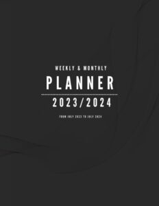 minimalist black planner 2023-2024 with weekly and monthly pages from july 2023 to july 2024